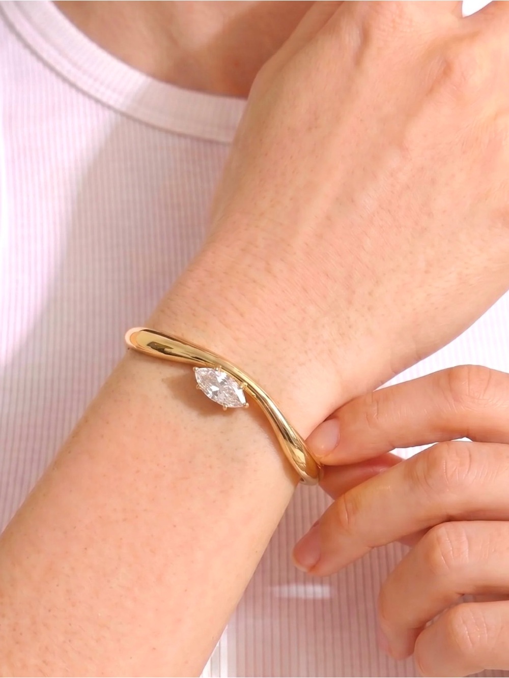 14K Gold Plated Rhodium Marquise Cut Solitaire Wave Cuff Bangle Bracelet